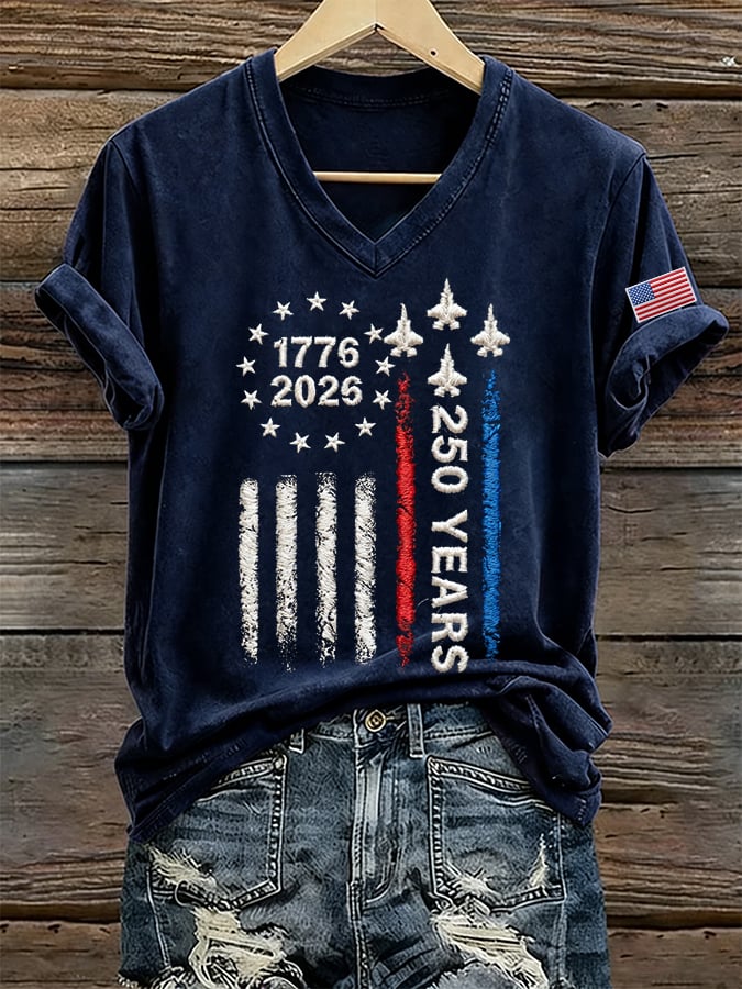 Women's 250 Years Of Freedom Print V Neck T-shirt