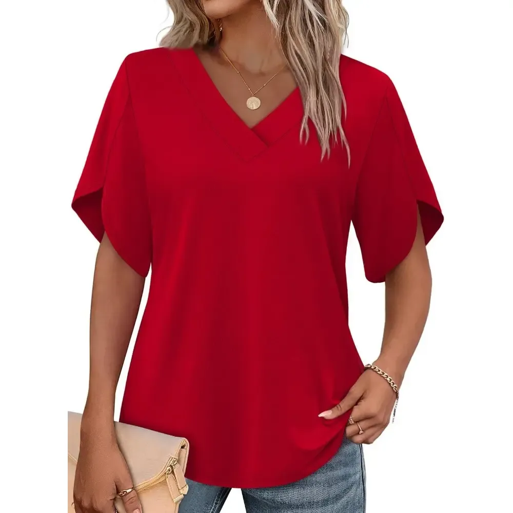 Womens Short Sleeve V Neck Dolman Tops with Side Shirring Loose Fit Shirts