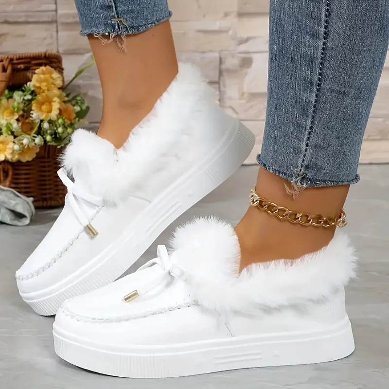 Bow Furry Round Toe Flat Slip-Ons (multiple color options)