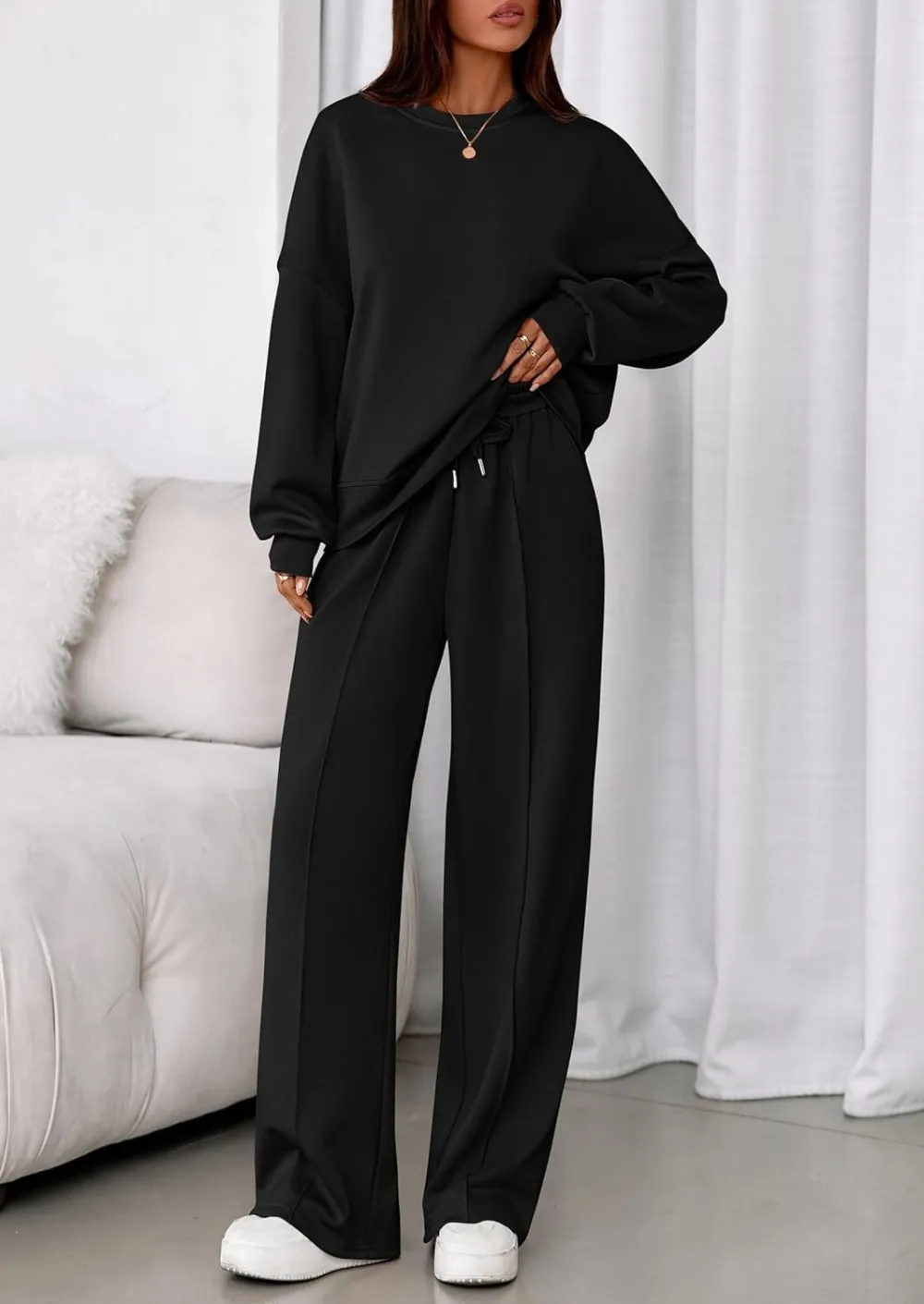 2 Piece Sets For Women Fall Trendy Long Sleeve Sweatshirt Wide Leg Pants Loungewear