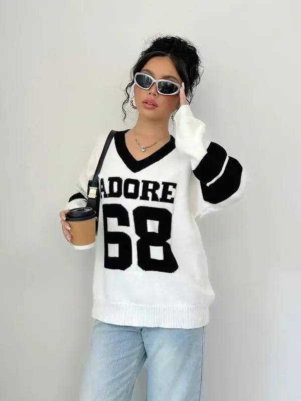 Autumn Winter Color Block V Neck Sweater for Women
