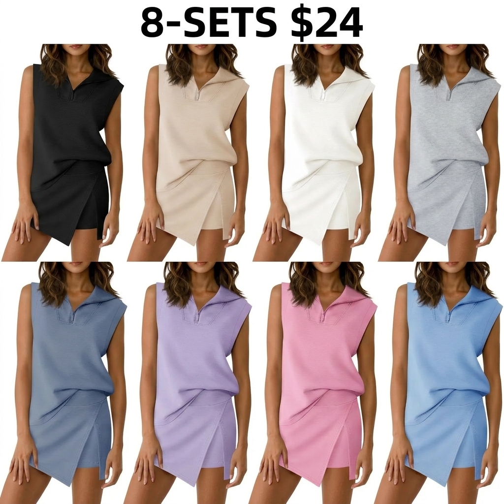 [HOT] Womens 2 Piece Skirt Sets Summer Sleeveless Half Zip Sweatshirt Athletic Skorts Tennis Outfits Casual Sweatsuits