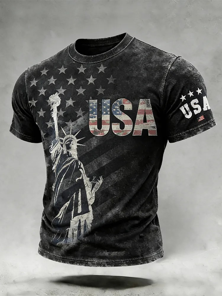 Men's Retro American Flag And Statue Of Liberty T-Shirt