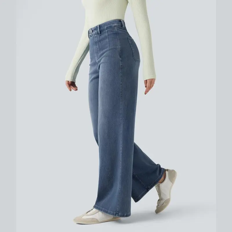 High Waisted Tummy Control Wide Leg Casual Jeans with Pockets