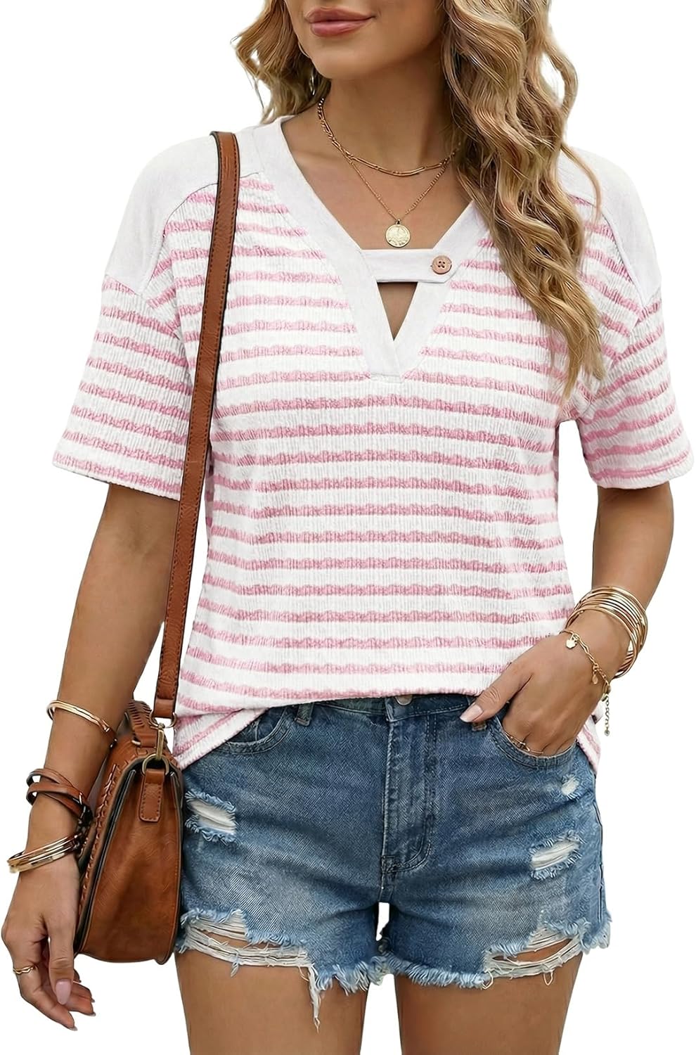 Women's Tops Summer Casual Short Sleeve Shirts V Neck Striped Color Block T-Shirts Blouses