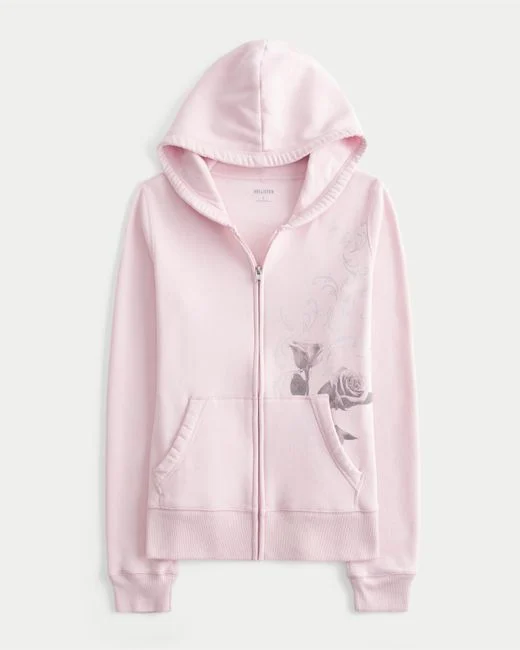 Women's Pink Rose Graphic Zip-up Hoodie