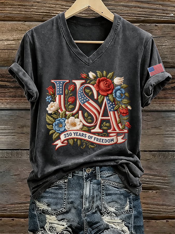 Women's 250 Years Of Freedom Print V Neck T-shirt