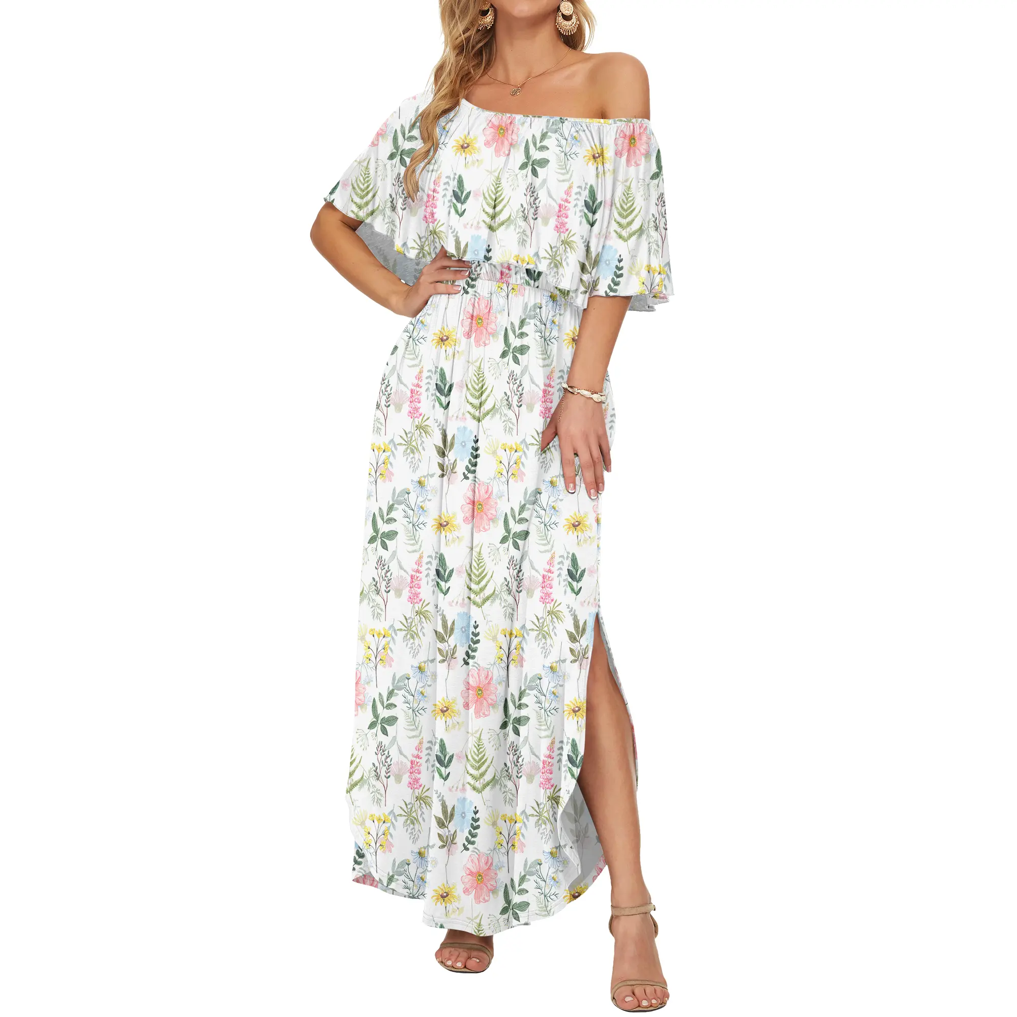 Womens Off The Shoulder Dress Wedding Guest Dress Summer Casual Long Ruffle Party Side Split Beach Maxi Dresses with Pockets