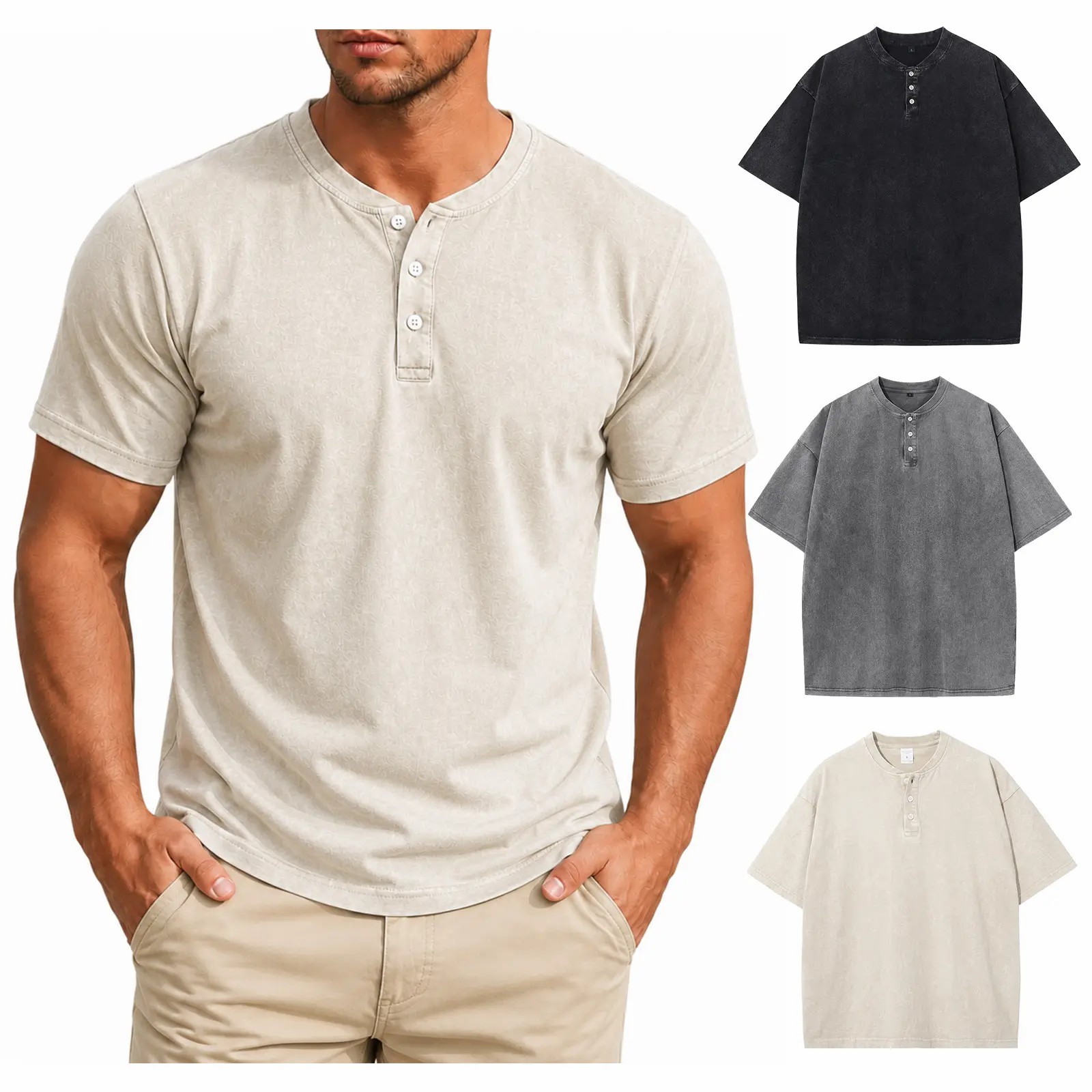 Men's 5-Pack Acid Wash Henley Shirts – Oversized Cotton Vintage Streetwear Tees