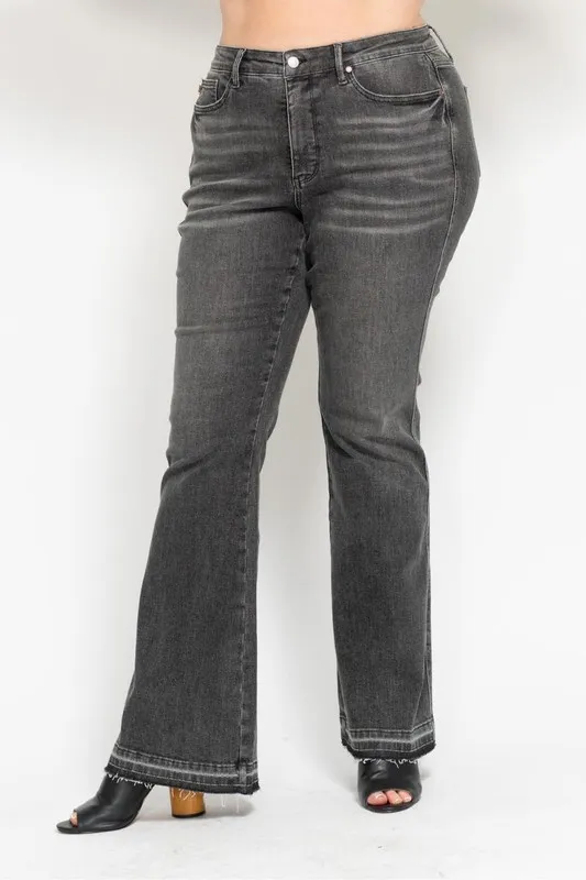 Blue Full Size Midi Rise Tummy Control Washed Gray Release Hem Flare Jeans Plus Size