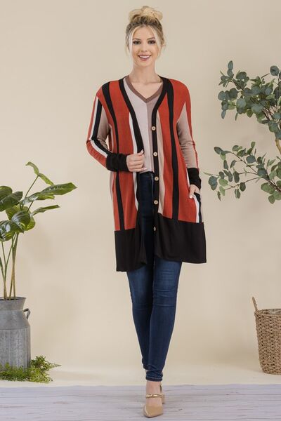 Full Size Striped Button Up Long Sleeve Cardigan