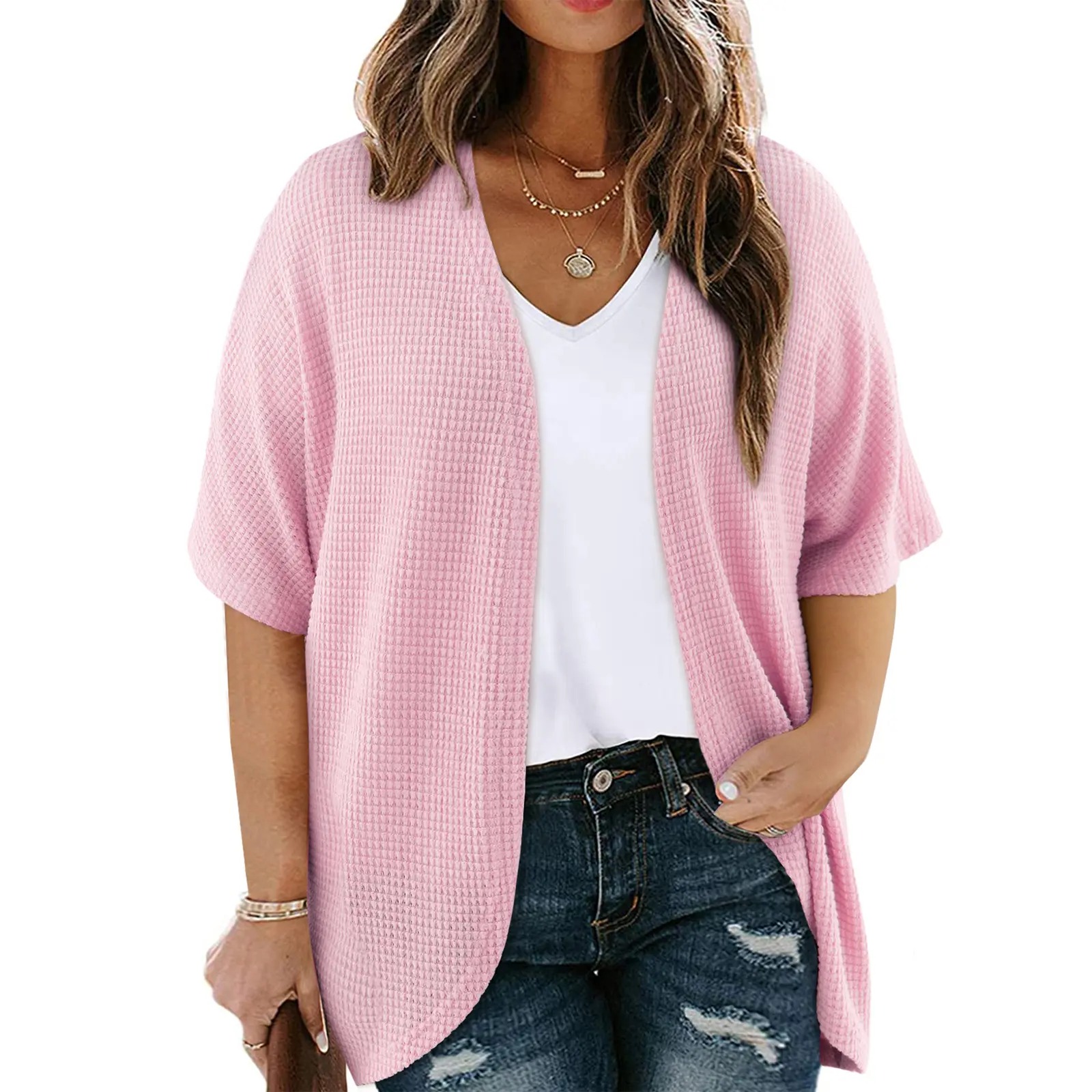Women's Plus Size Cardigan Casual Short Sleeve Waffle Knit Kimono Open Front Tops(1X-5X)