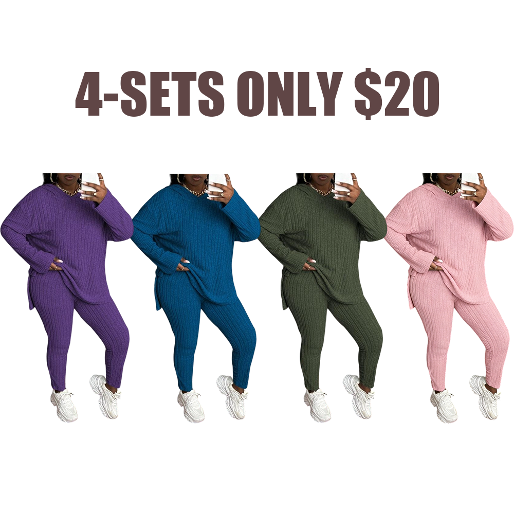 [Plus Size]Women's Two-Piece Set Solid Textured Ribbed Drop Shoulder Hoodie & Elastic Waist Pants, Casual Fashion Cozy Ribbed Outfits
