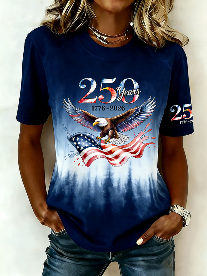 American Women'S Casual American Flag Printed Round Neck T-Shirt