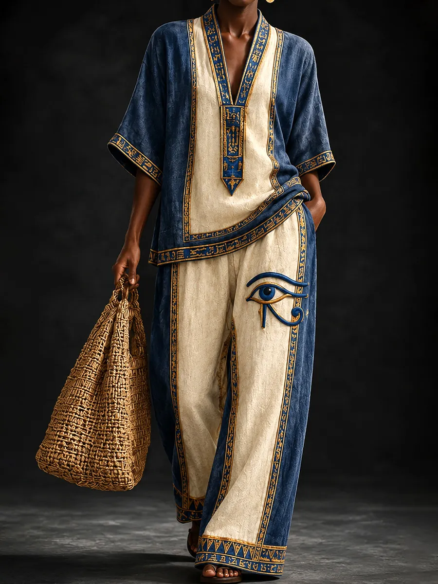 Women’s Navy & Ivory Egyptian Eye Kaftan Set with Gold Hieroglyphic Detailing