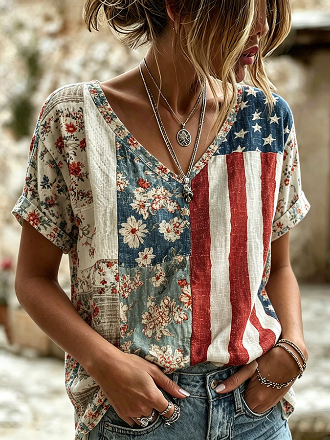 Women'S Retro Patchwork Art Print V-Neck Linen Blend T-Shirt