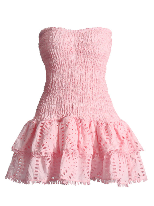 Embroidered Tube Top Dress With Hollow Ruffles And Stitching Design A-Line Skirt