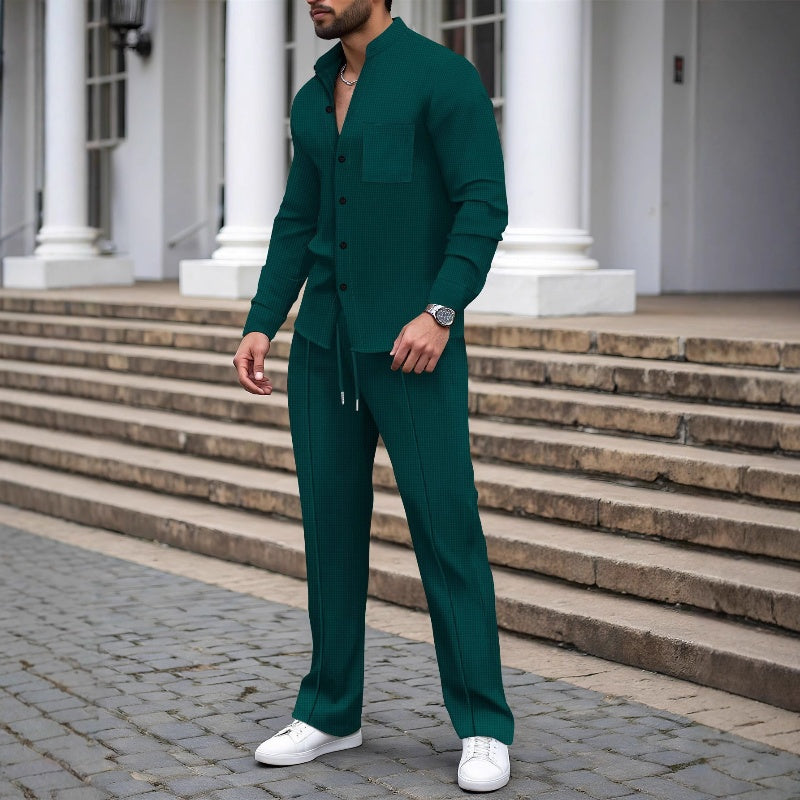 🎁New 2026 Arrival - Only $19.99!💥 Men's Casual Waffle Knit Shirt and Pants Two-Piece Set