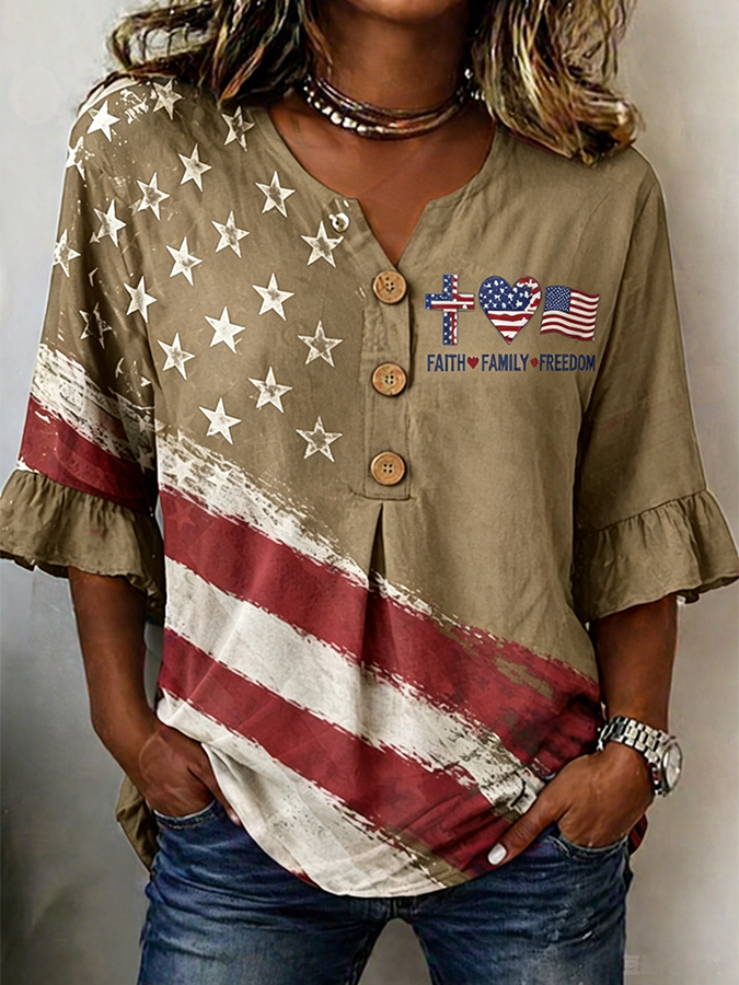 Women's Faith Family Freedom Flag Cross Ruffle Sleeve Henley Blouse