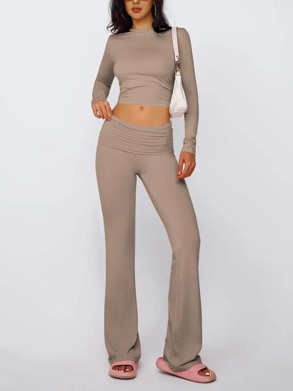 Women's Solid Long Sleeve Tee & Flare Leg Skinny Pants Loungewear Set