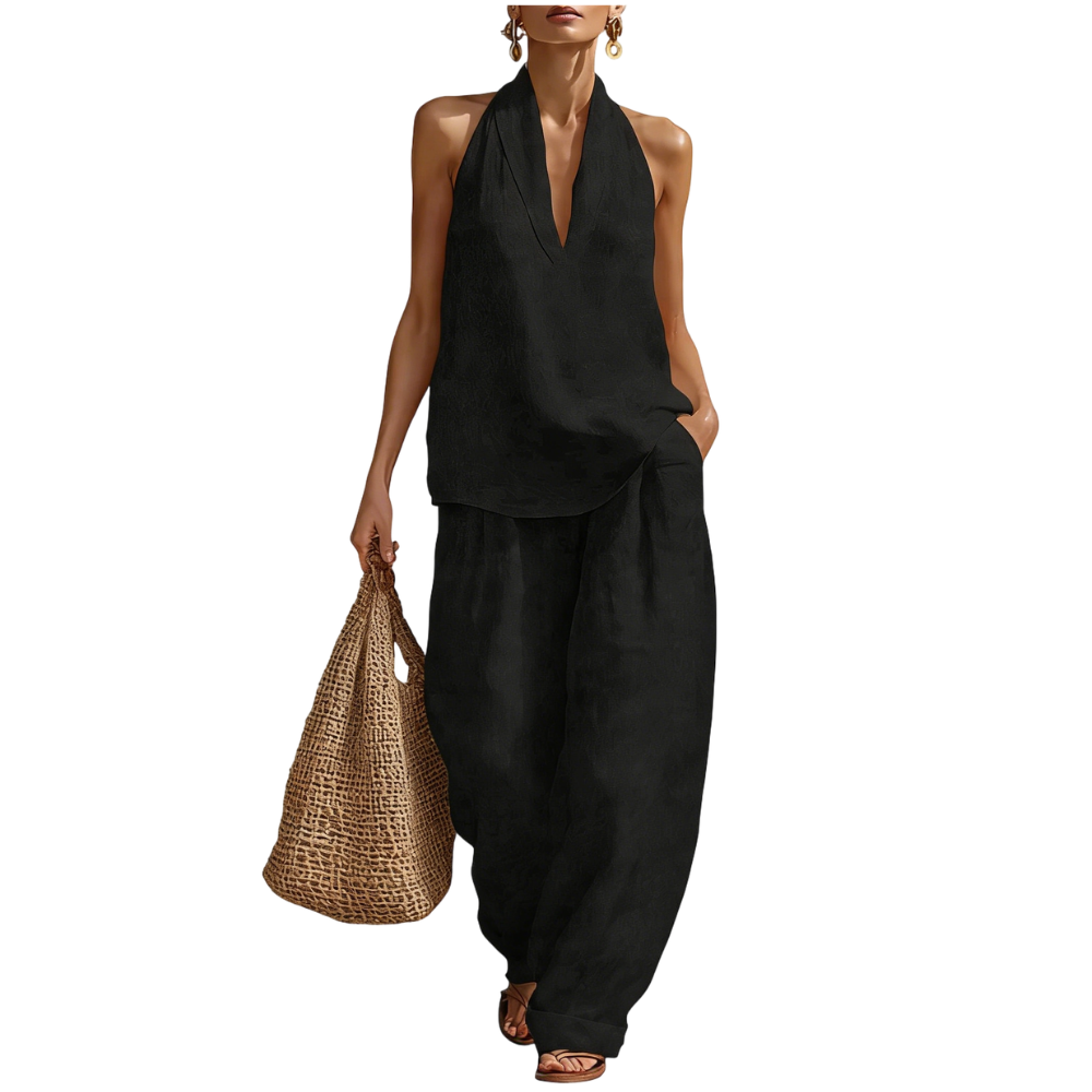 Women's Halter Neck Linen Two Piece Outfit – Casual Sleeveless Top and Wide Leg Pants Set