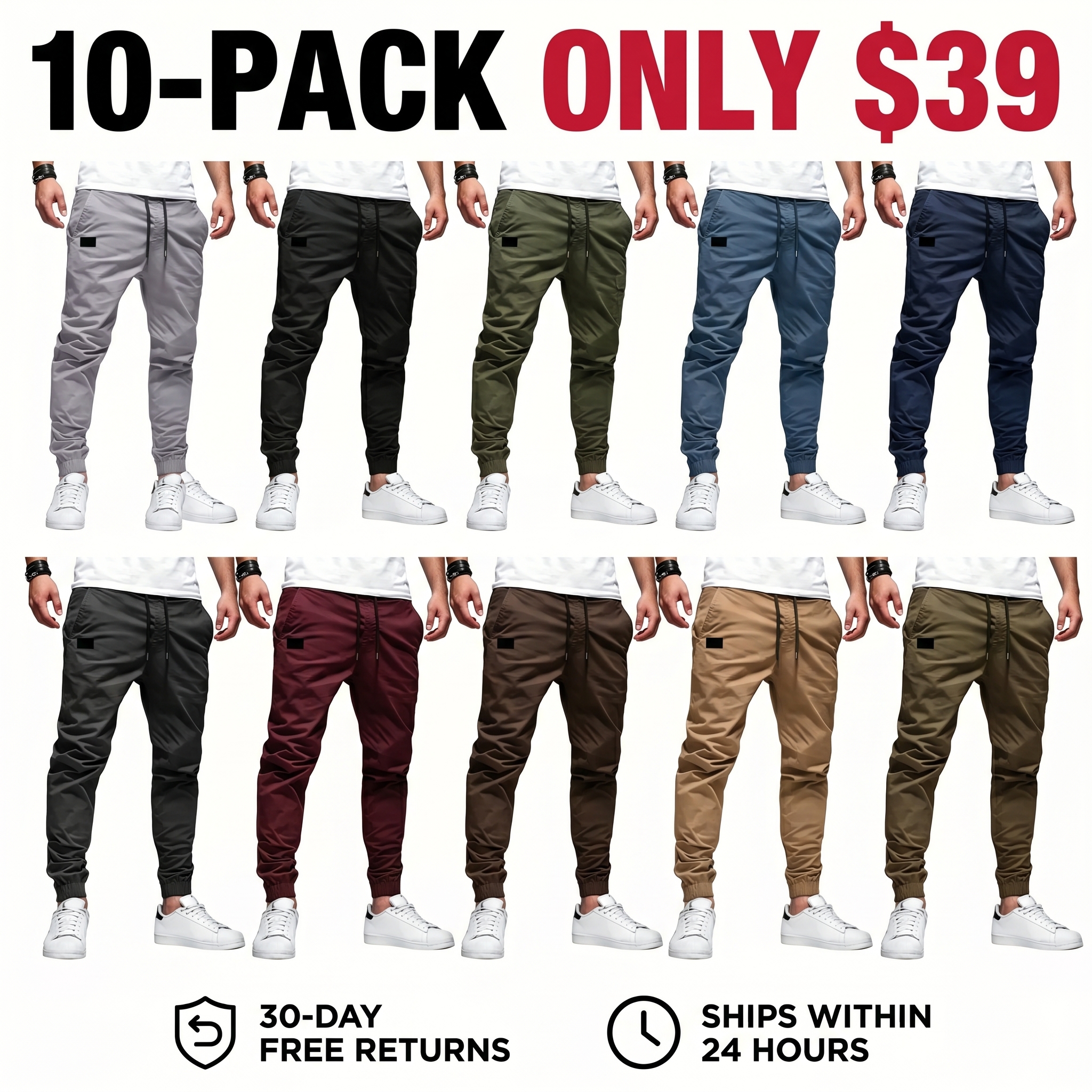 Men's Casual Joggers — Elastic Waistband with Drawstring, Ribbed Cuffs, PU Leather Patch Detail