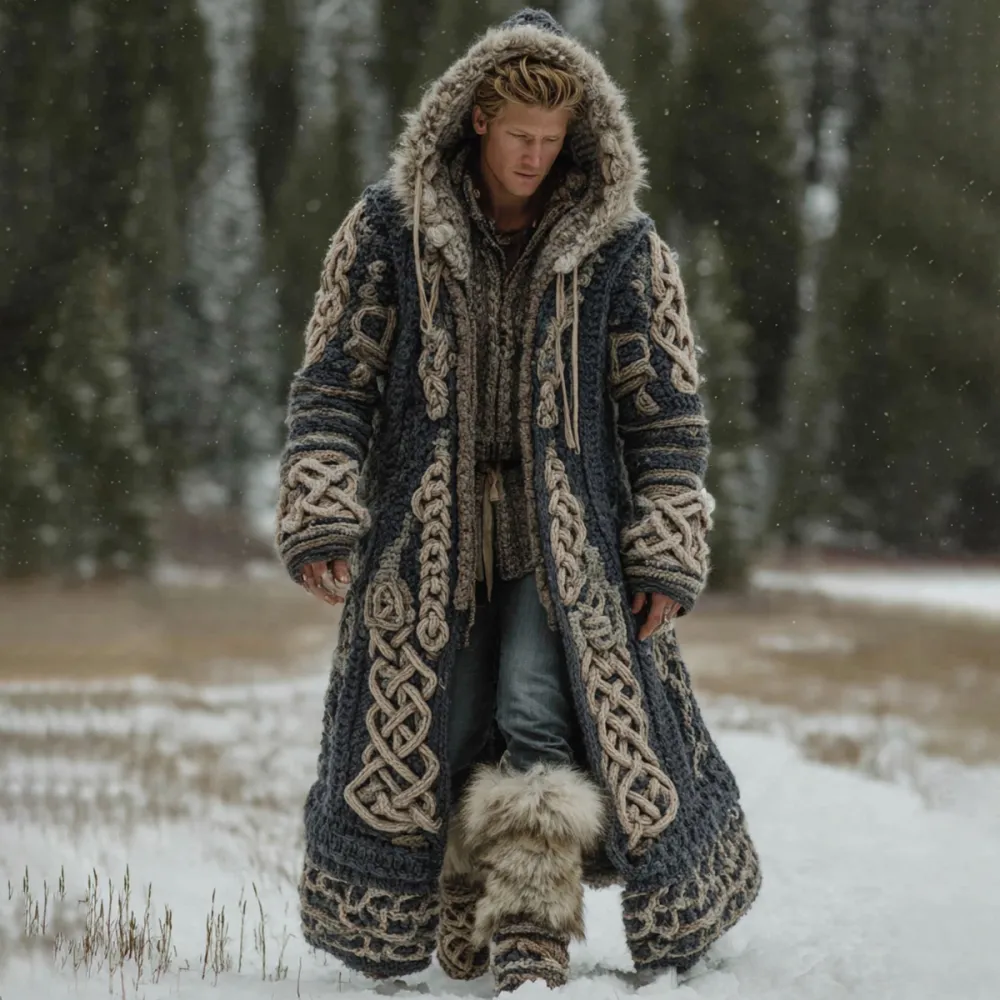 Men's Viking Celtic Knot Art Pocket Mid-length Fur Collar Chunky Knit Cardigan Sweater