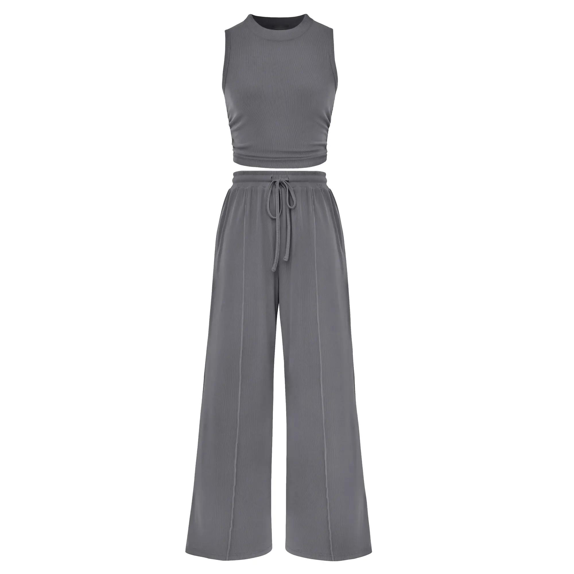 Women's Ribbed Knit Crop Top & Wide Leg Pants Lounge Set