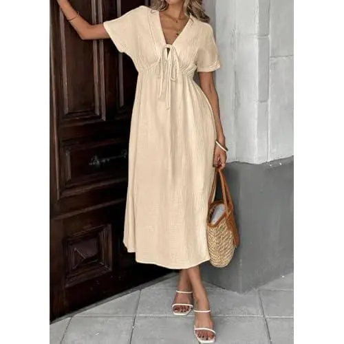 Women's Summer Solid-Color V-Neck Cotton Dress