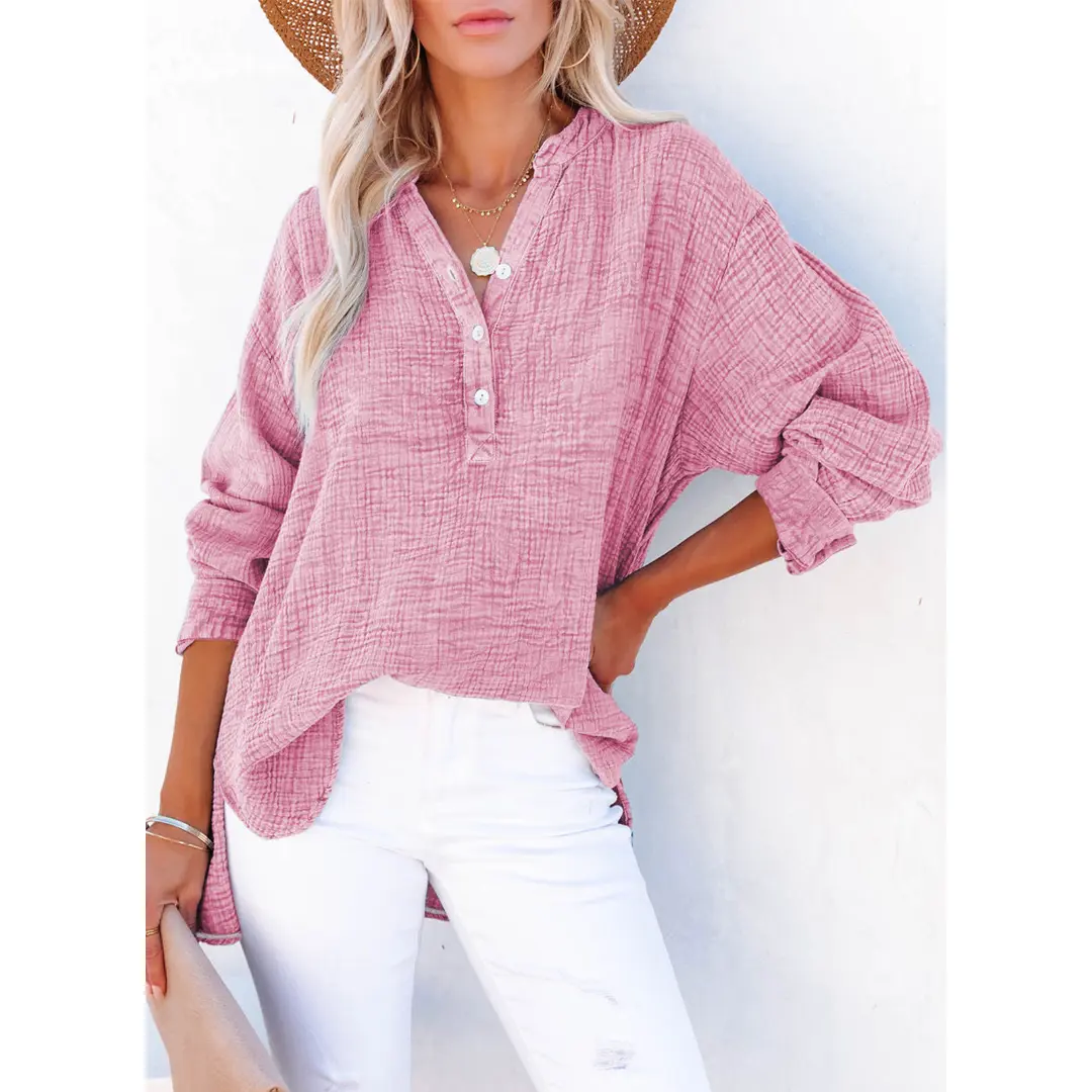 Women's Casual Button V Neck Long Sleeve Shirts Oversized Solid Blouses Tops 100% Cotton Boyfriend Style Loose Fit