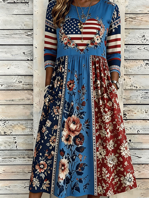 Women's American Flag Floral Patchwork Midi Dress