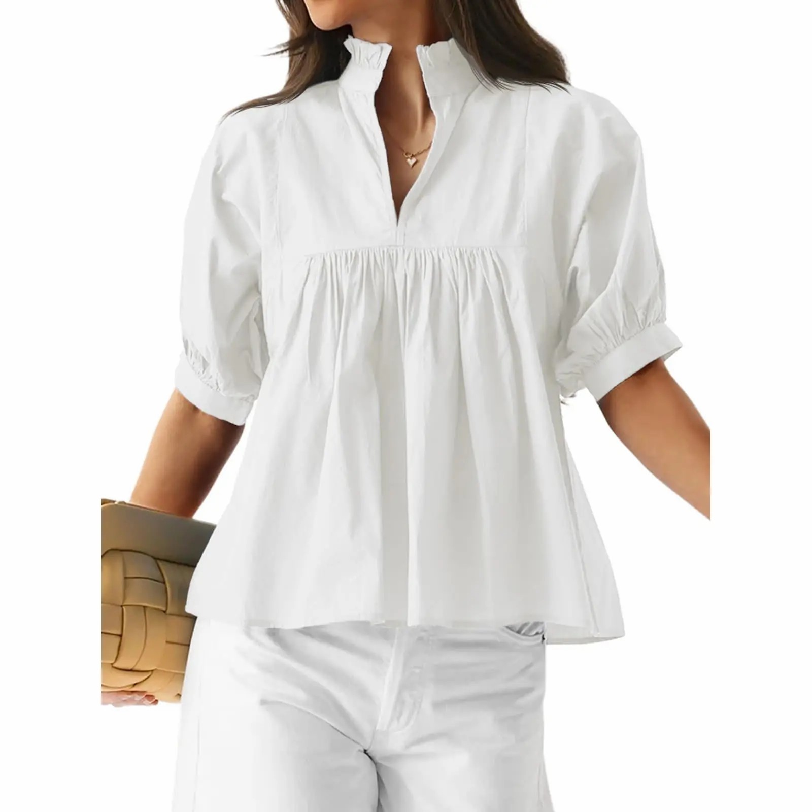 Women's V Neck Puff Sleeve Blouse – Babydoll Peplum Loose Fit Top