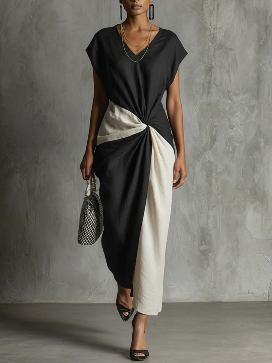 V-neck color-blocked short-sleeved dress