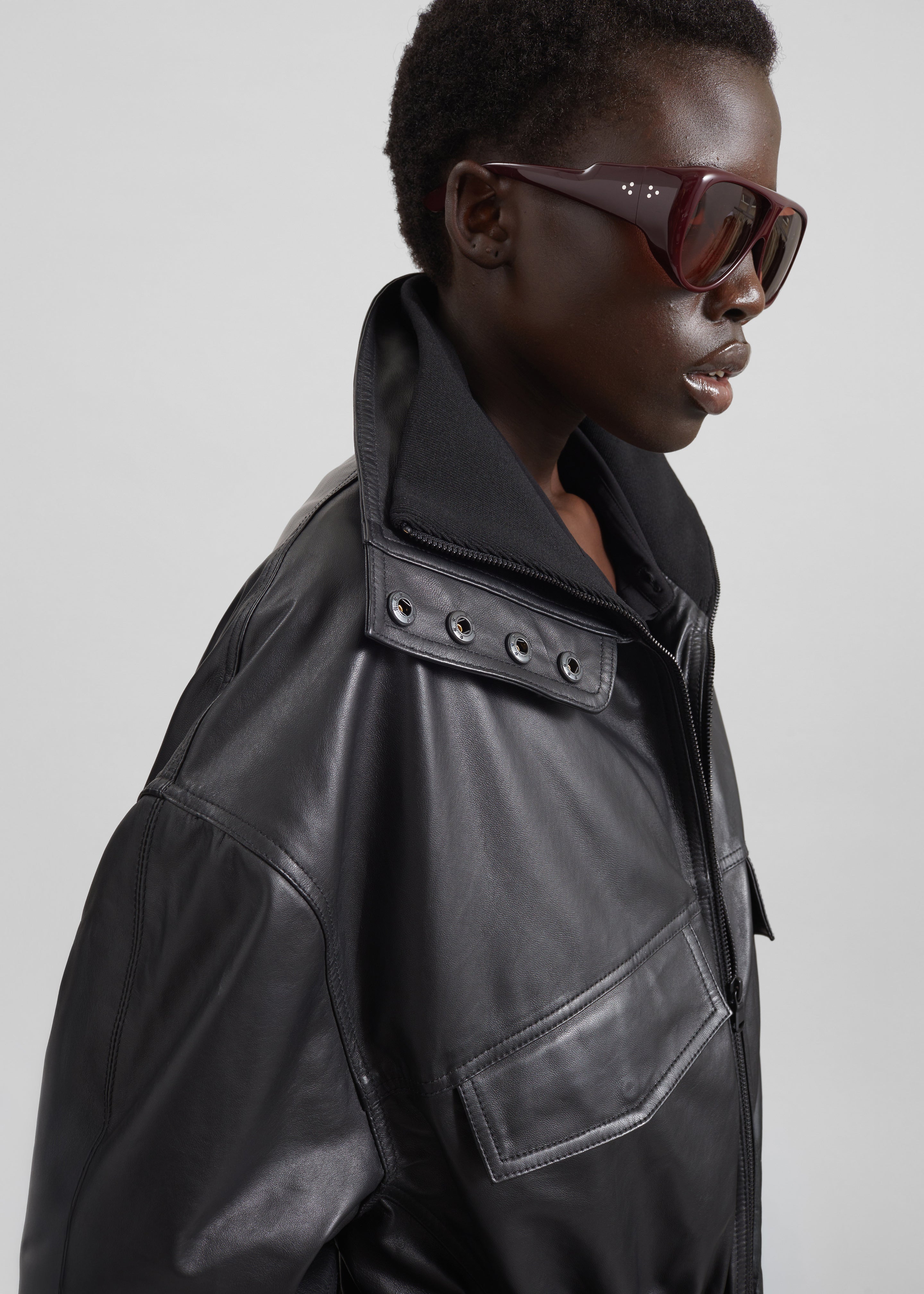 Carnaby Funnel Neck Leather Jacket - Black