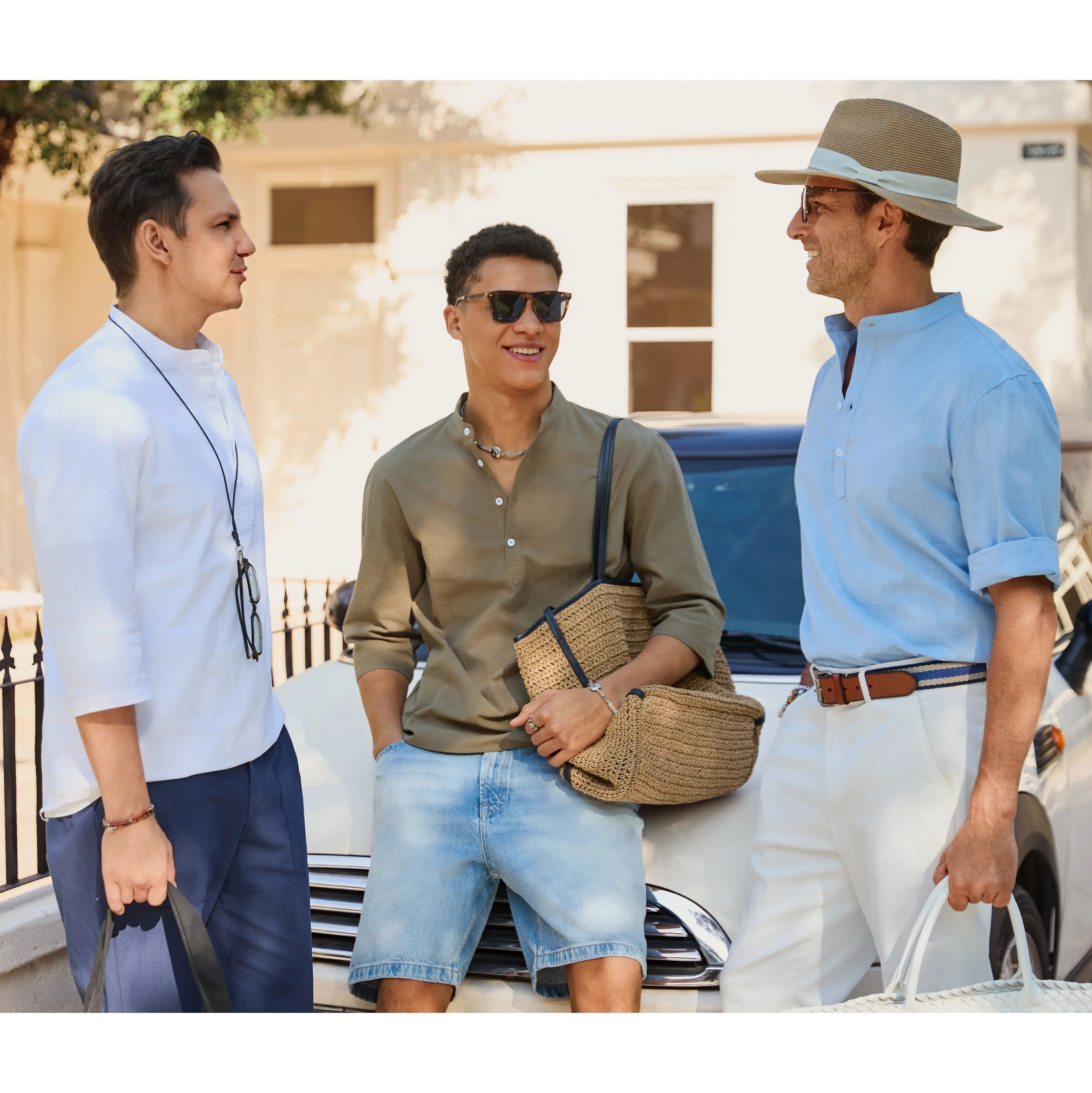 Mens 70% Cotton 30% Linen Shirts Casual Cotton 3/4 Sleeve Regular-Fit Henley T-Shirt Summer Lightweight Beach Yoga Tops