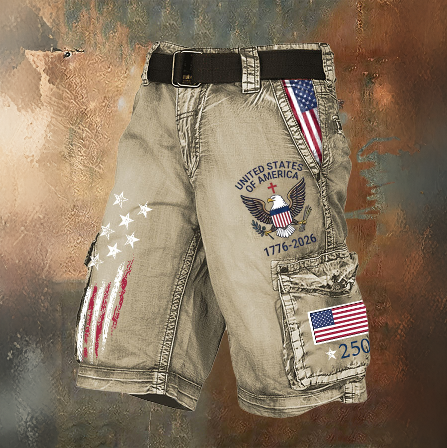 Men'S Retro Flag American Independence Day Multi Pocket Printed Workwear Shorts (Excluding Belt)