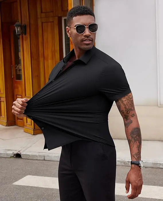 Stretch Dress Shirts for Men Short Sleeve Slim Fit