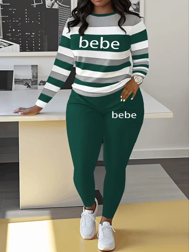 Women's Striped Bebe Letter Print Casual Autumn Winter Round Neck Long Sleeve Top & Pants Set