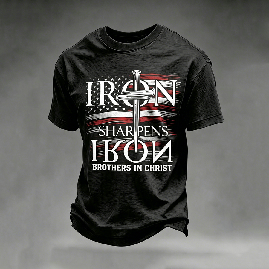 Men's Iron Sharpens Iron Brothers In Christ USA Flag Christian T-Shirt