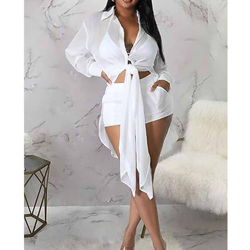 Women's Solid Color Button Front Shirt & Shorts Two-Piece Set