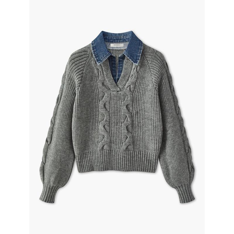 ❤️Valentine’s Day Special❤️Cable Knit Sweater with Denim Collar Detail (Relaxed Fit)