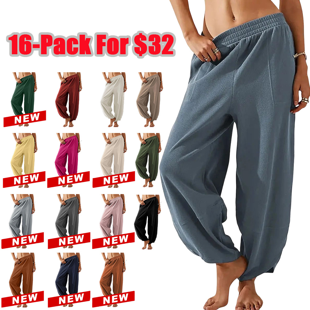 Women's Baggy Wide-Leg Pants - Casual, Elastic-Waisted, Bohemian Minimalist Basic Women's Clothes Bottom with Pockets,summerwins