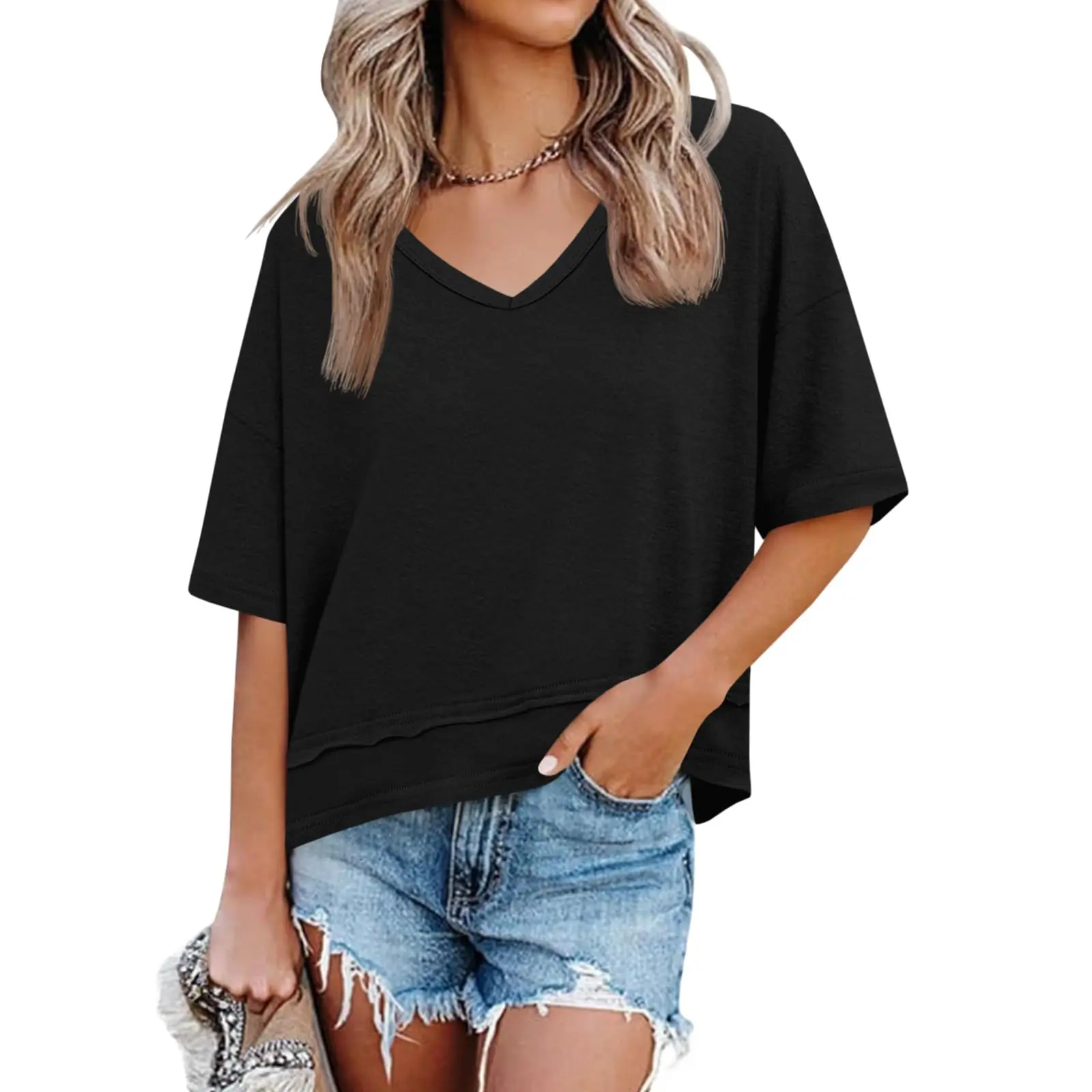 Women's Summer V Neck T Shirts Casual Short Sleeve Flowy Tops Cute Loose Fit Basic Tees Premium Blend Fabric Flattering V Neckline