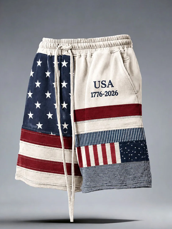 Men's USA 1776-2026 Flag Patchwork Star And Stripes Art Print Casual Shorts
