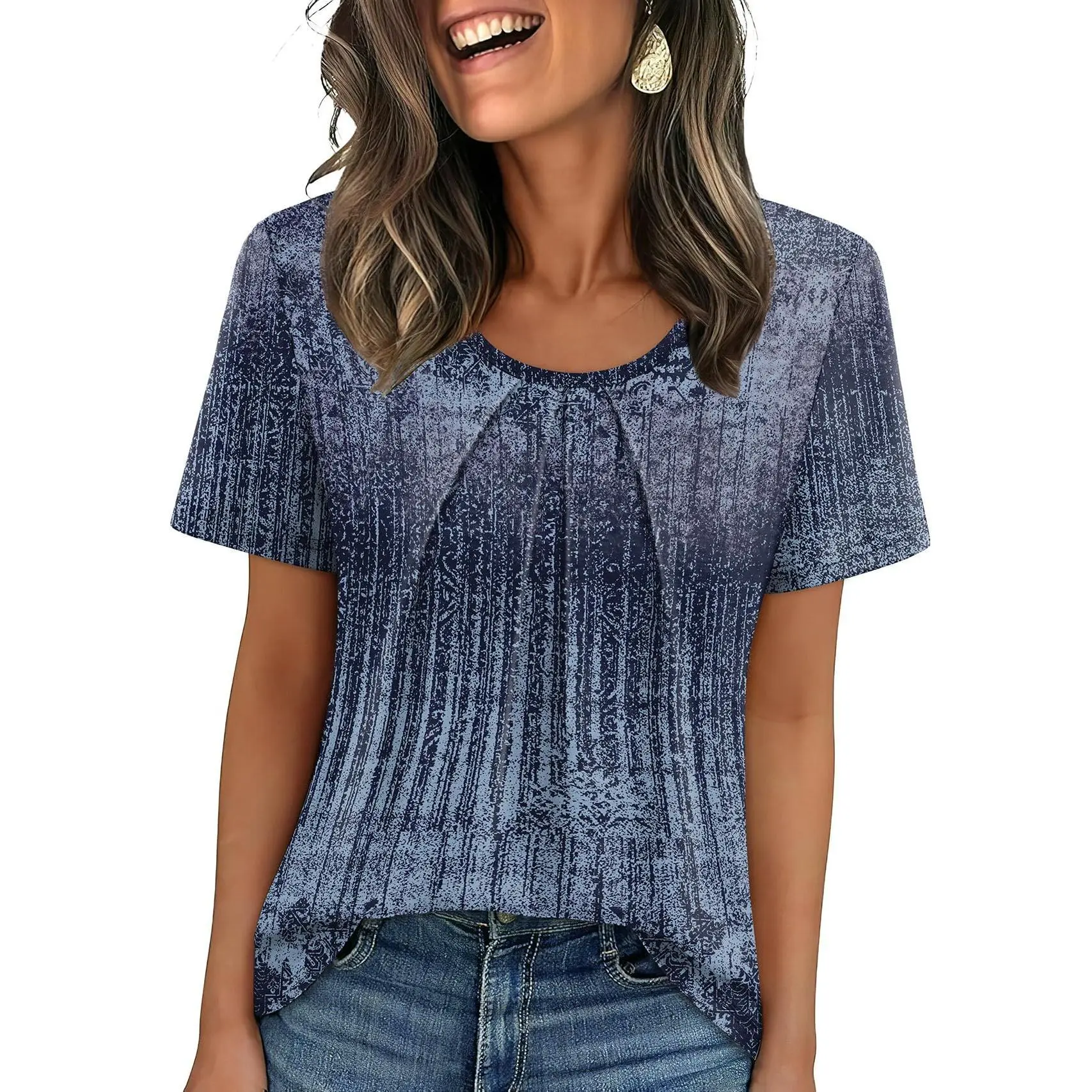 Women T Shirts Pleated Short Sleeve Tops Business Casual Dressy Blouses Crewneck Boho