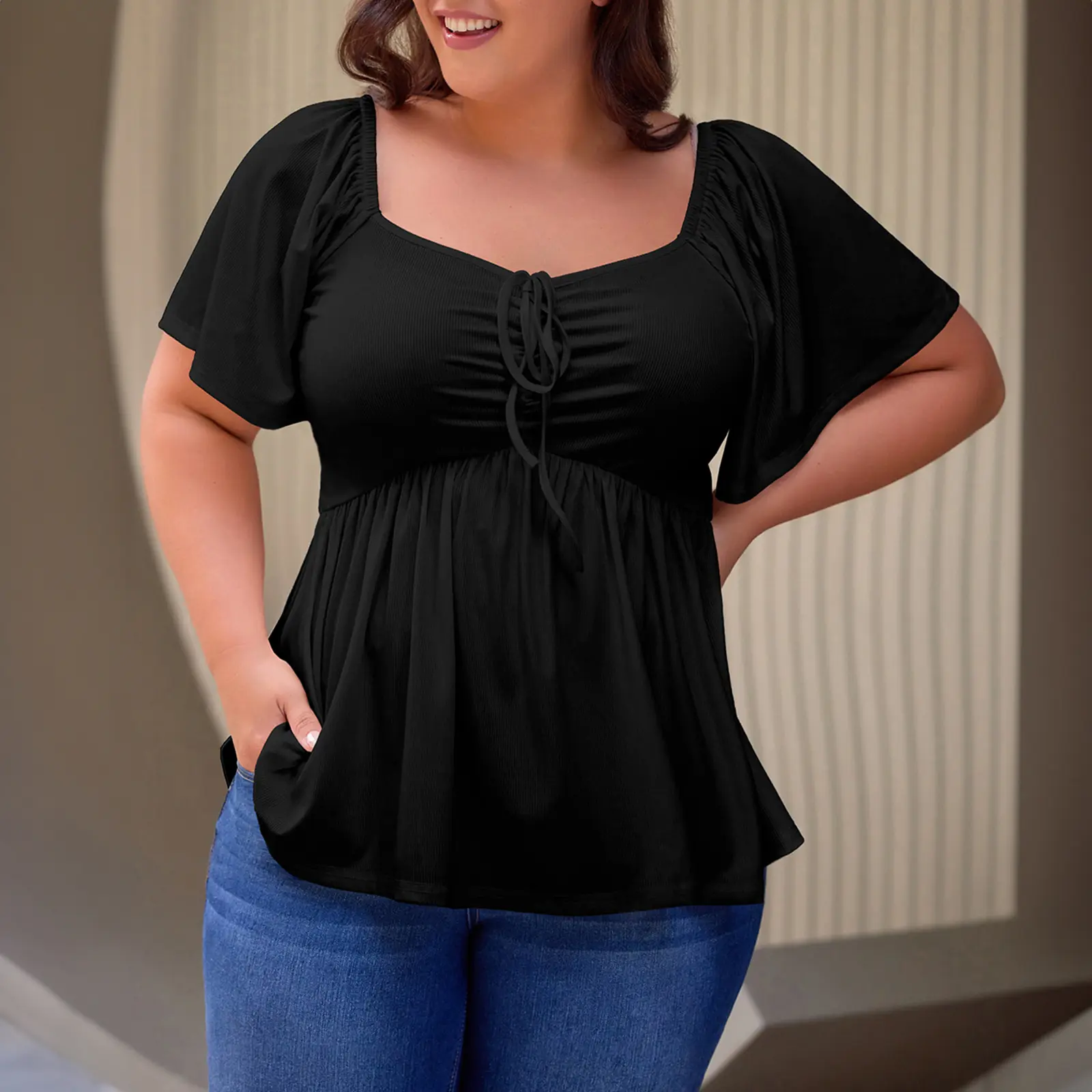 ⏰8 PACKS Women's Plus Size Sweetheart Neck Short Sleeve Shirred Peplum Blouse Tops Shirts(1X-5X)