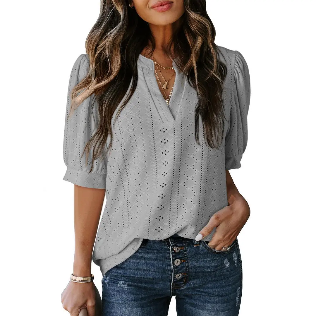 Women's Summer Business Casual Blouses V Neck Short Sleeve Shirts Hollow Out Cute Lace Tops Loose Fit Breathable Fabric