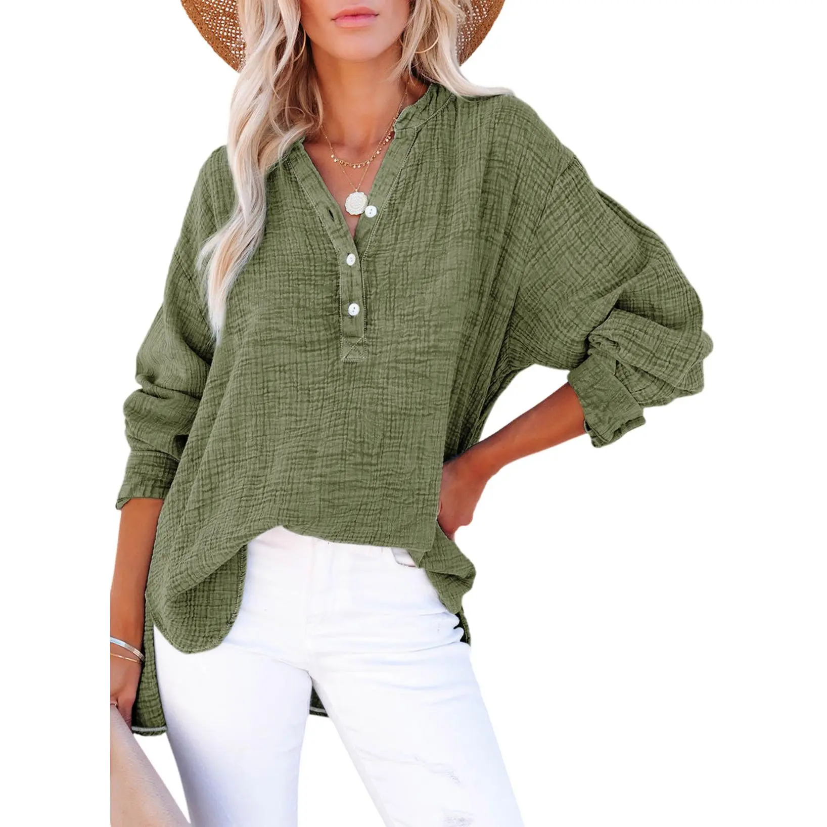Dokotoo Women's Casual Button V Neck Long Sleeve Shirts Oversized Solid Blouses Tops 100% Cotton Boyfriend Style Loose Fit