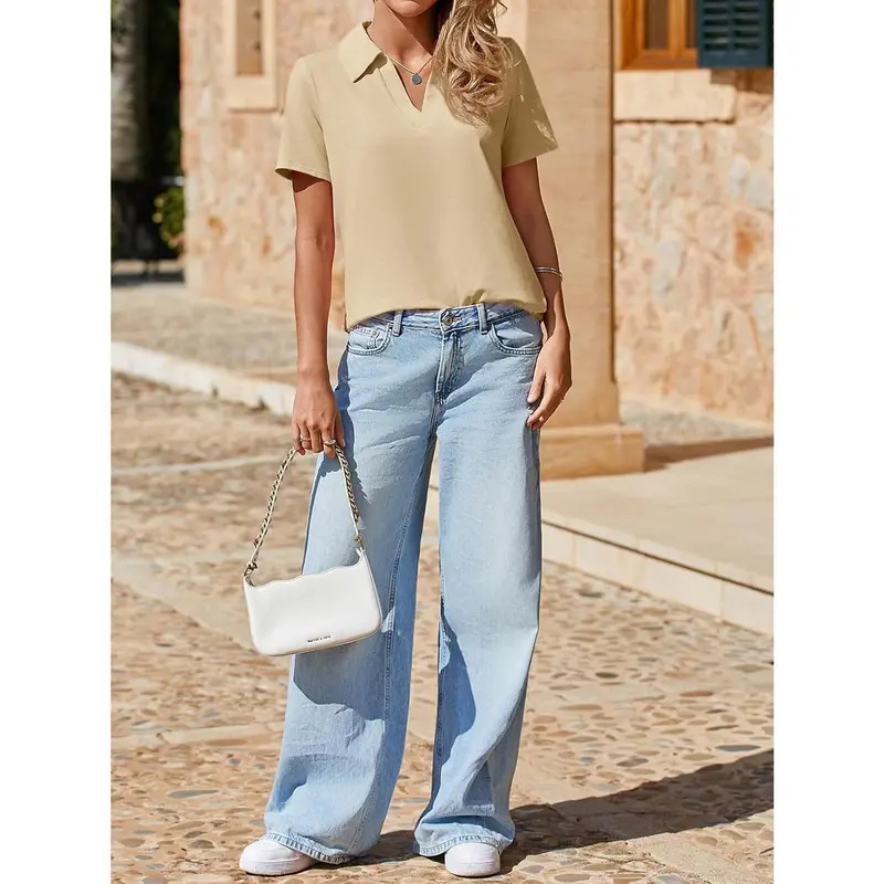 Women's Short-Sleeve Slim-Fit Lightweight Polyester V-Neck Polo Shirt