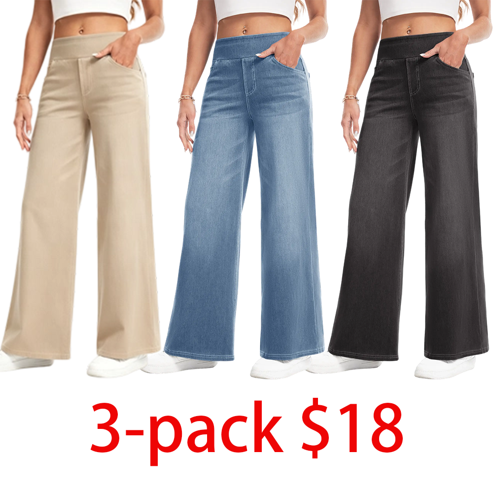 6-pack Women's Wide Leg Stretchy Jeans – Elastic High Waist Pull On Baggy Tummy Control Trousers for Casual Work Wear